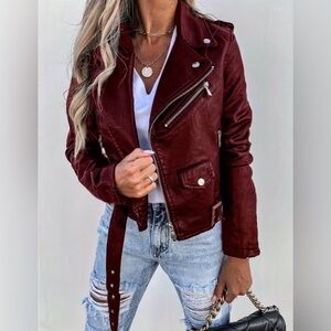 🔥Edgy Design Crimson Faux Leather Moto Jacket, Structured Fit & Silver Hardware